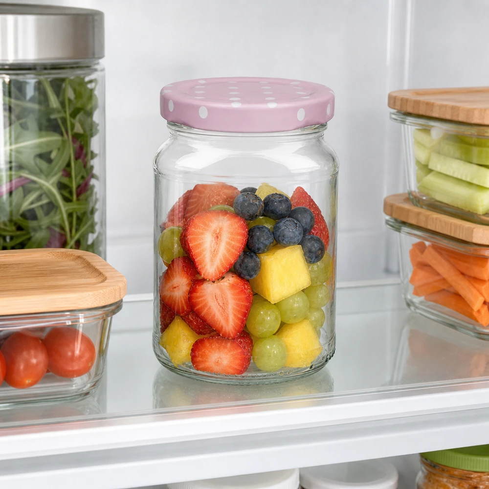 205ml Rundglas mit rosa BasicSeal Punktedeckel im Kühlschrank zur Aufbewahrung von frischem Obst und Gemüse