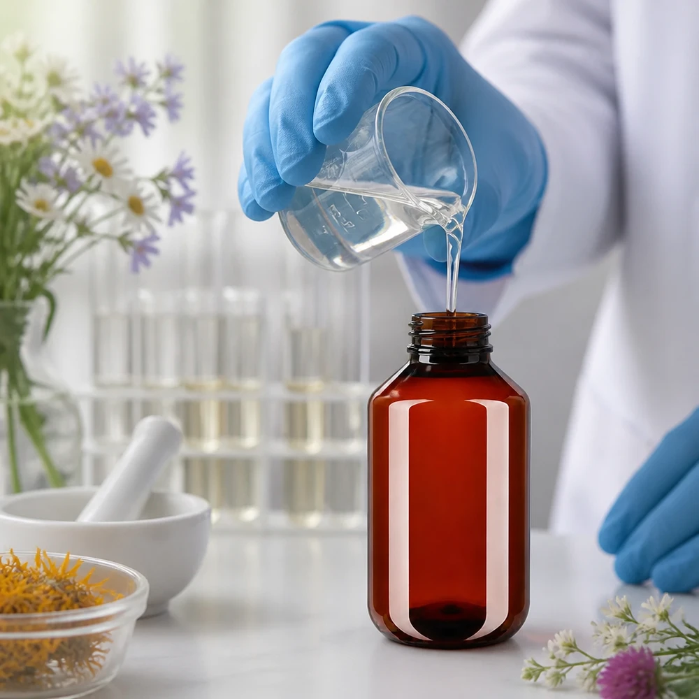 PET Flasche 100ml mit weißem Standard Originalitätsverschluss Handschuhgeschützte Abfüllung von Kräuterextrakt in bernsteinfarbene 100ml Kunststoffflasche mit OV