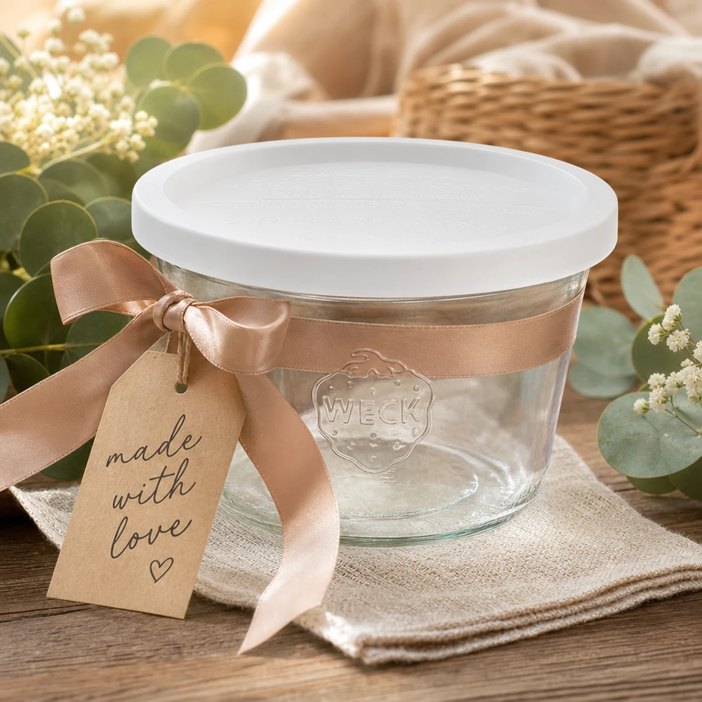 370ml Sturzglas mit Frischedeckel WECK RR100 WECK Sturzglas 370ml RR100 dekorativ präsentiert mit Schleife und Geschenkanhänger Made with Love auf Holztisch
