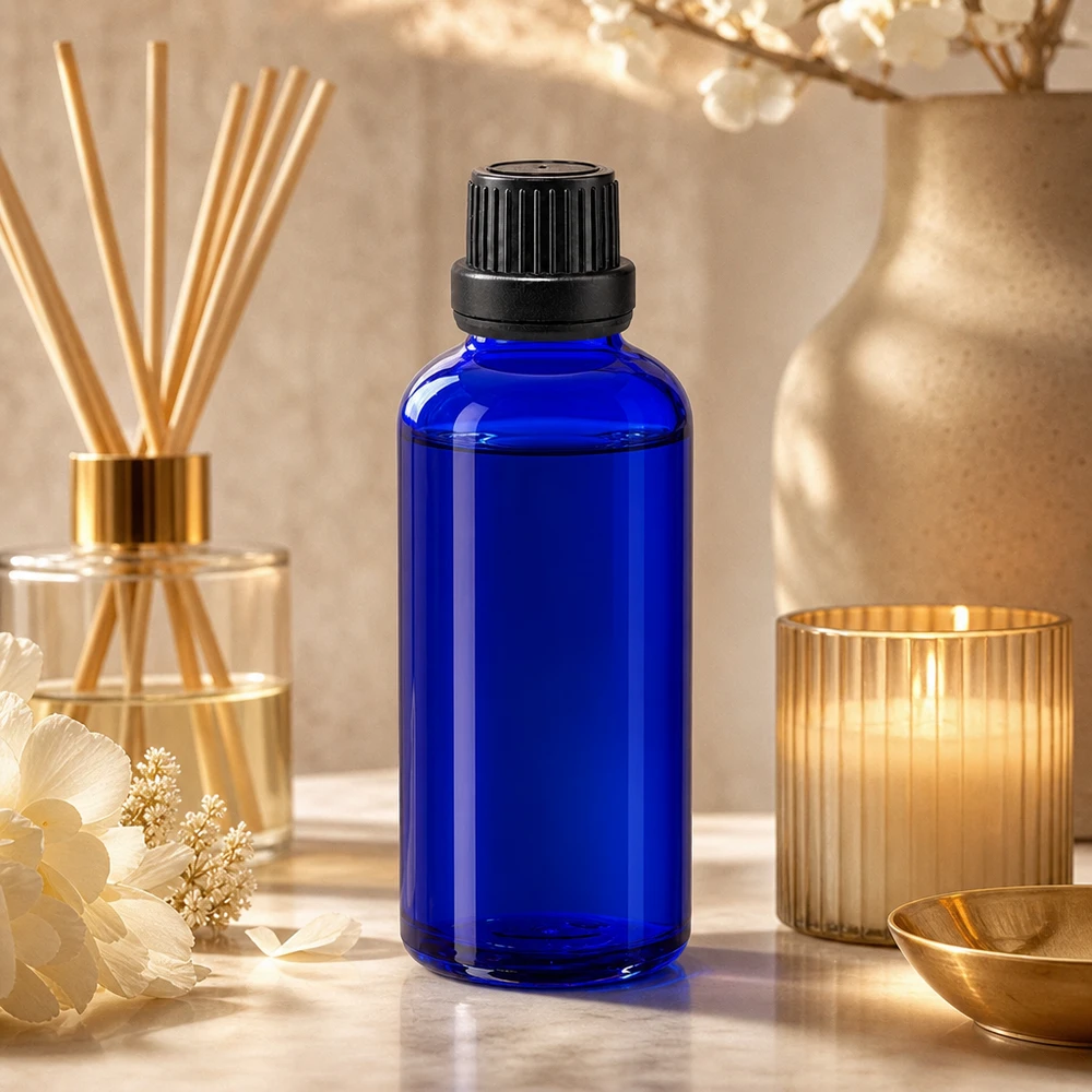 Apothekenflasche blau 50ml Tropfverschluss Giessring 2mm schwarz Originalitätsverschluss Zylindrische 50ml Tropfflasche aus kobaltblauem Apothekerglas mit 2mm Einlage neben Trockenblumen