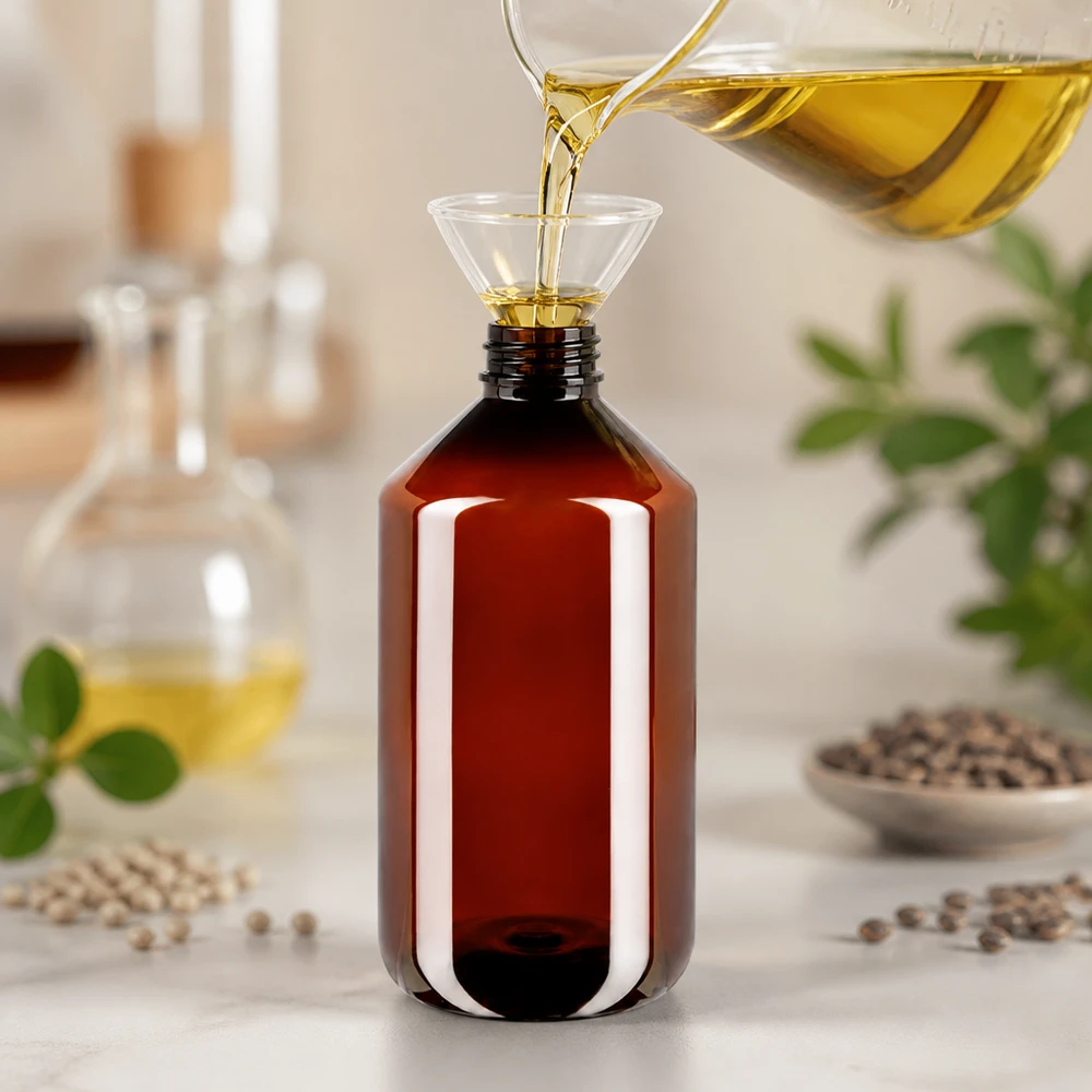 Rechteckige braune 500ml PET Flasche mit grünem OV Verschluss für Öle und Naturheilmittel