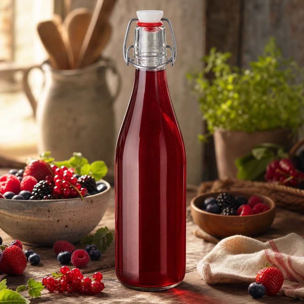 500ml Glasflasche und Bügelverschluss PVC UNiTWIST 500ml Glasflasche Bügelverschluss mit rotem Beerensaft gefüllt Fruchtsäfte Smoothies selbstgemacht Küchendeko