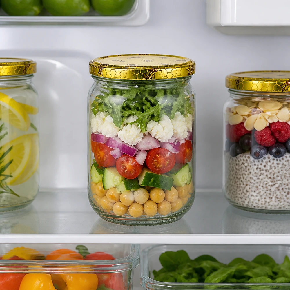 555ml Rundglas + BasicSeal Deckel Bienenwabe UNiTWIST Frisches Meal Prep im 555ml UNiTWIST Rundglas mit BasicSeal Deckel Bienenwabe neben Chiapudding