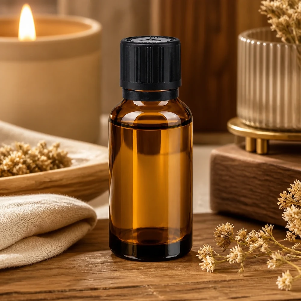 Apotheken Tropfflasche 20ml Braunglas mit 1mm Einsatz und schwarzem Sicherheitsdeckel Nahaufnahme