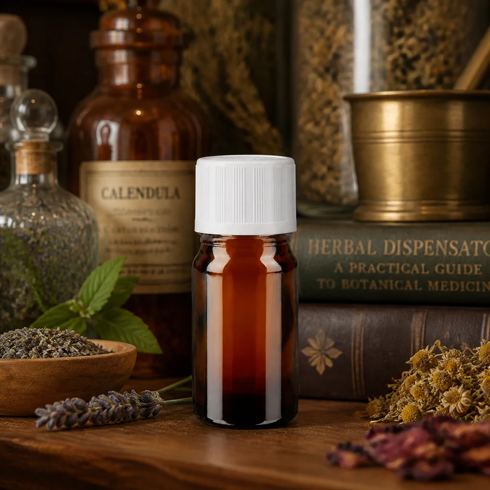 Apothekenflasche braun 5ml Tropfverschluss weiß Kindersicherung Standard Apothekerflasche 5ml braun mit weißem KiSi-Deckel auf Holztisch neben getrockneten Blüten und Kräutern