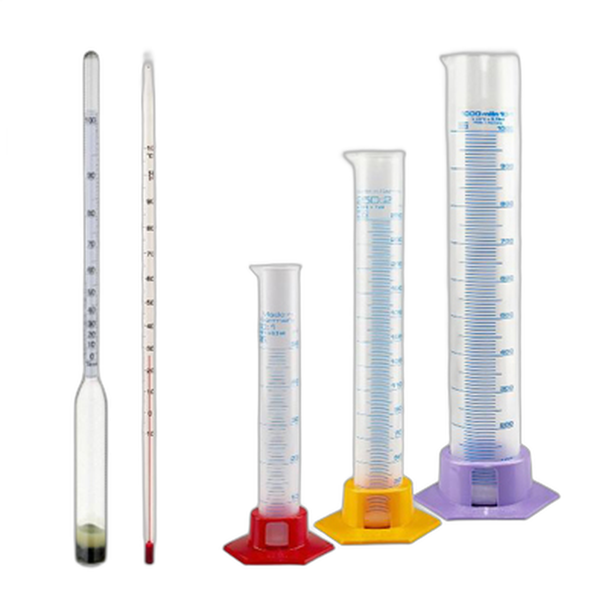 Messzylinder, Thermometer und Alkoholmeter