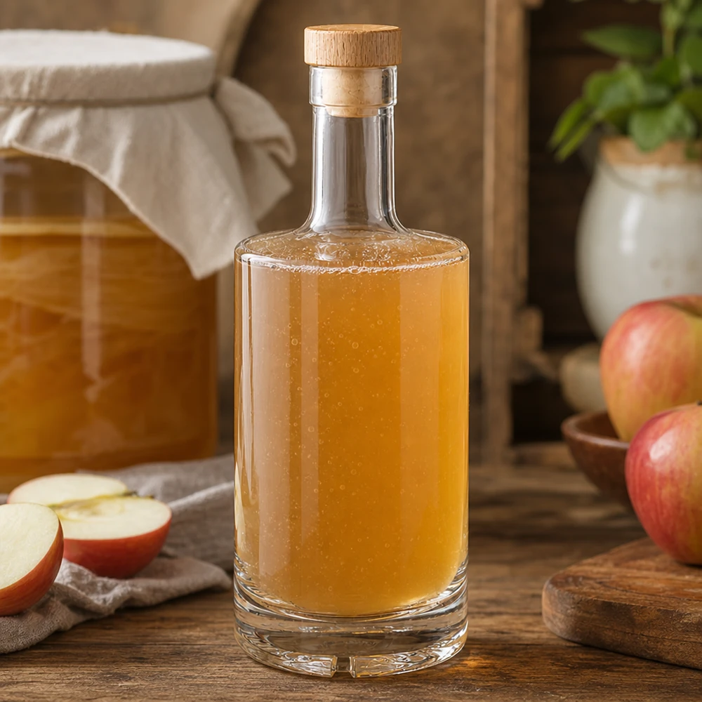 500ml Glasflasche "Passion" mit Holzgriffkorken UNiTWIST® 500ml Glasflasche Nora befüllt mit Apfelsaft in rustikaler Küche mit Äpfeln und Holzkorken UNiTWIST