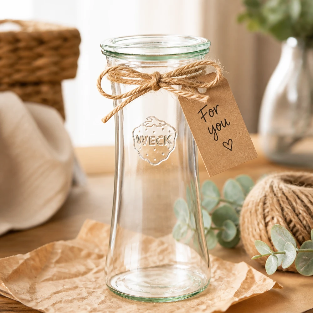 700ml Delikatessenglas mit Glasdeckel WECK RR80 WECK Delikatessenglas 700ml RR80 mit Geschenkanhänger und Juteschnur - dekoratives Einmachglas als Geschenkidee