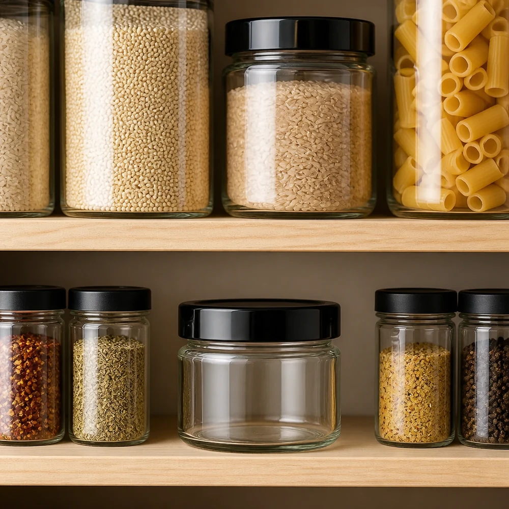 Pantry-Organisation mit UNiTWIST 130ml Rundgläsern schwarze Deckel auf Holzregal