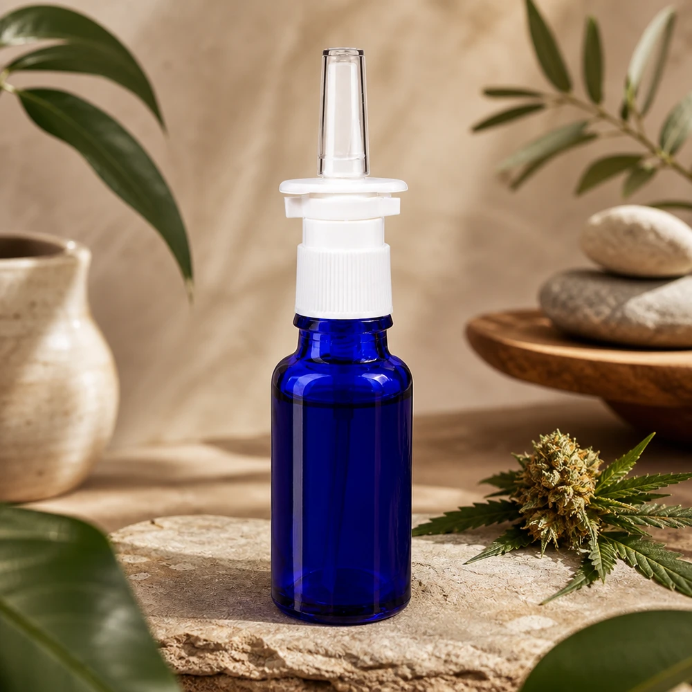 Apothekenflasche blau 20ml Nasenzerstäuber weiß Standard Hochwertige 20ml Pharmaflasche in Blauglas mit Nasenapplikator neben Cannabisblüte