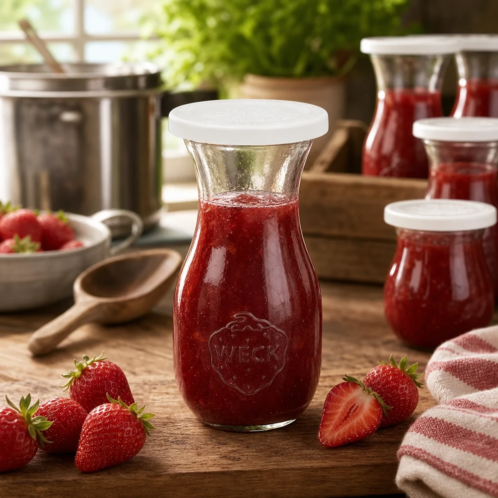 290ml Saftflasche mit Frischedeckel WECK RR60 WECK 290ml Saftflasche gefüllt mit rotem Erdbeermarmelade umgeben von frischen Erdbeeren auf Holztisch