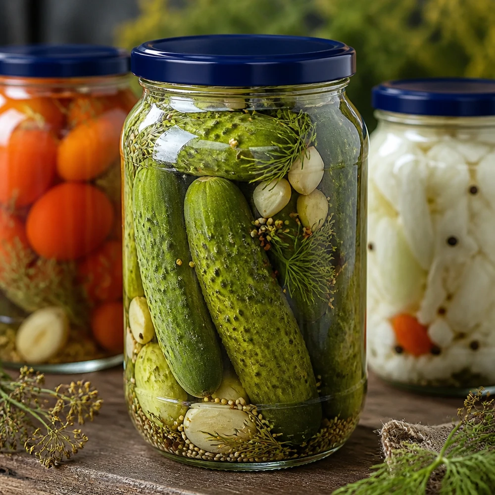 1062ml Rundglas mit blauem UNiTWIST Deckel gefüllt mit eingelegten Gurken Dill Gewürzen Einmachglas in Verwendung
