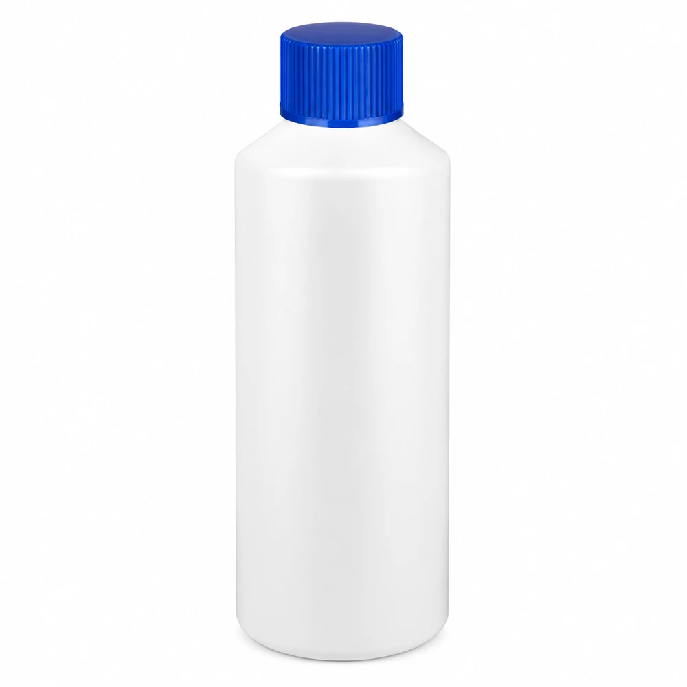 Apothekenflasche HDPE 100ml weiß, mit blauem Schraubverschluss Weiße 100ml Rundflasche aus HDPE mit blauem Schraubverschluss für Apotheken und Labor