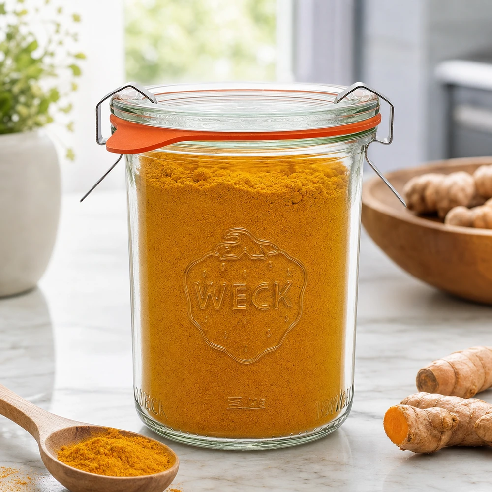 160ml Sturzglas komplett WECK RR60 WECK Sturzglas 160ml RR60 mit Kurkumapulver gefüllt neben Ingwerwurzeln zeigt perfekte Gewürzaufbewahrung