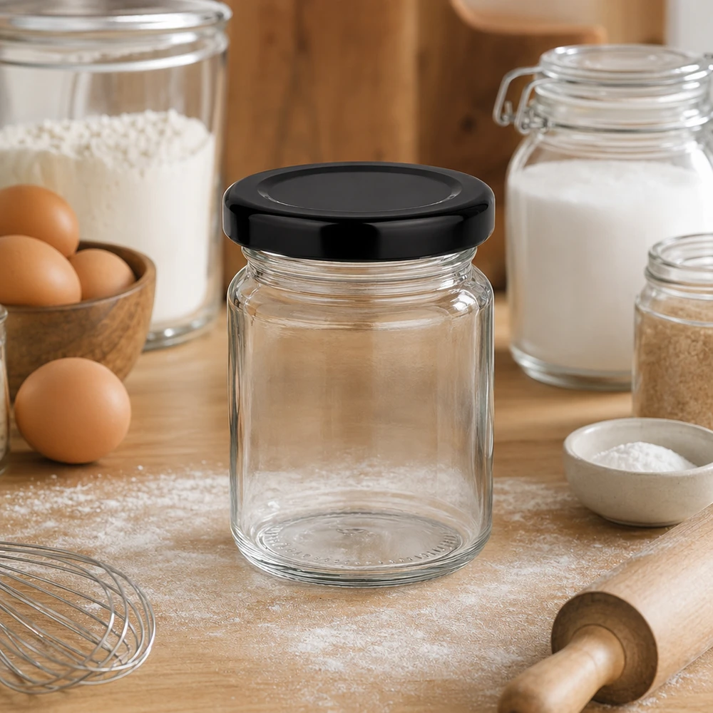 53ml Rundglas leer mit schwarzem Deckel in Backküche zwischen Mehl Eiern und Backzubehör vielseitige Küchenaufbewahrung
