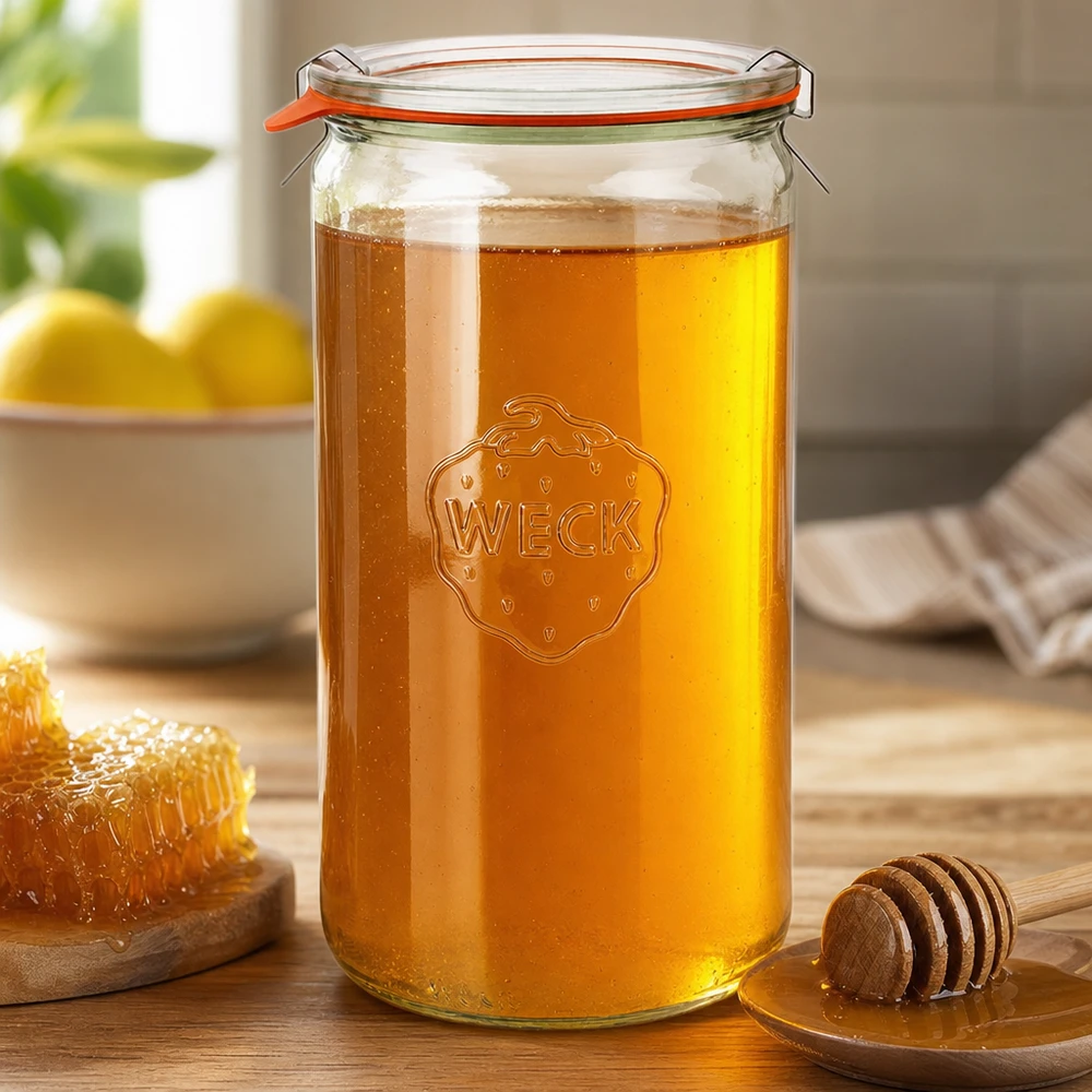 1590ml Zylinderglas komplett WECK RR100 WECK Zylinderglas 1590ml RR100 mit Honig befüllt Bügelverschluss orange Gummiring Holzhoniglöffel Waben