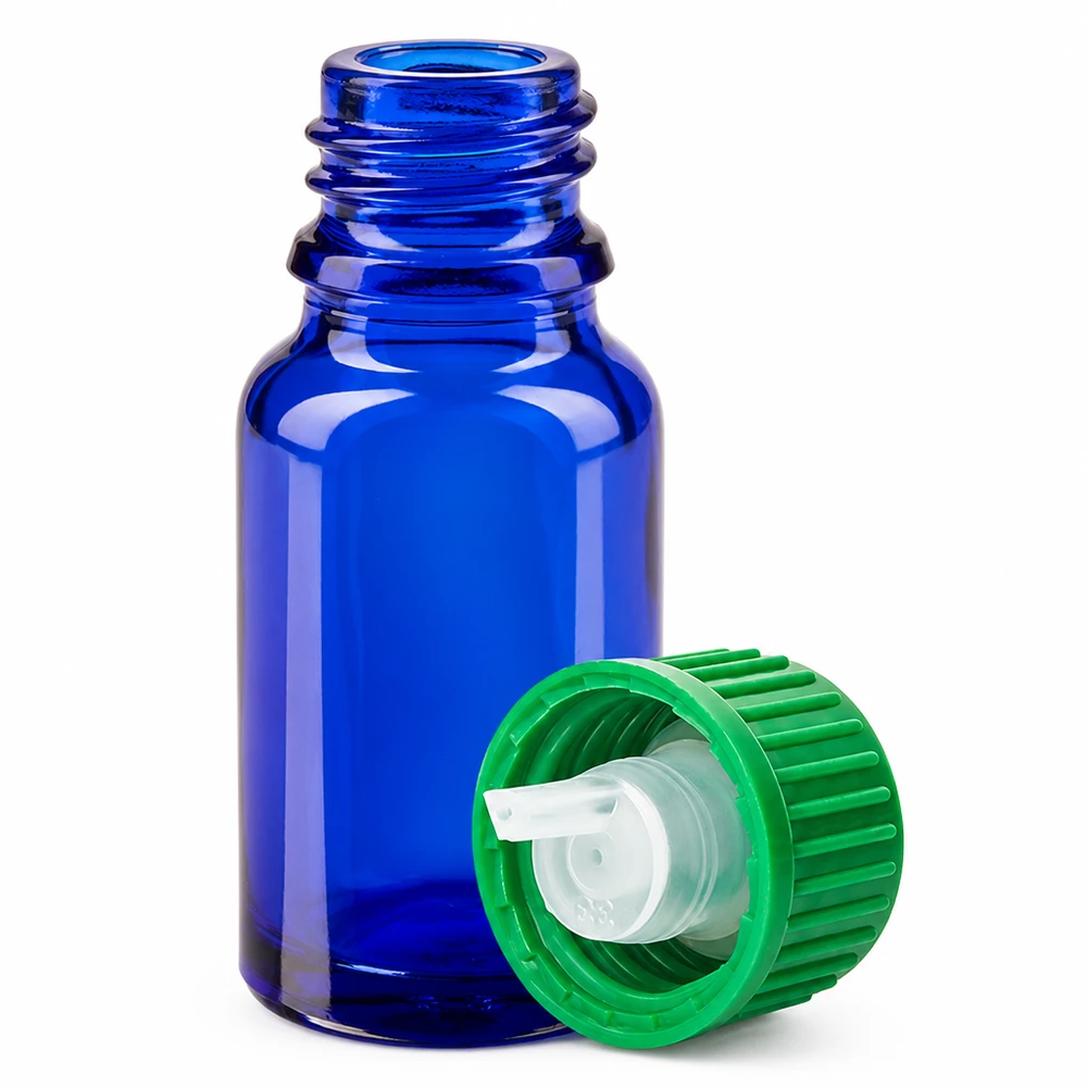 Handliche 10ml Glasflasche blau mit präzisem 0.8mm Tropfaufsatz für Laboranwendungen