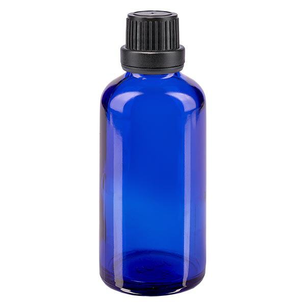Apothekenflasche blau 50ml Tropfverschluss Giessring 2mm schwarz Originalitätsverschluss Apothekenflasche blau 50ml Tropfverschluss Giessring 2mm schwarz Originalitätsverschluss