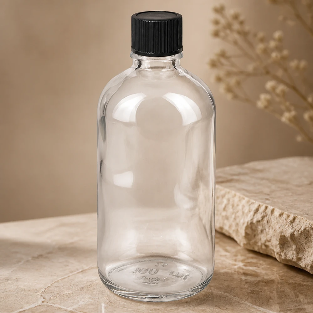 Wiederverwendbare 100ml Klarglasflasche ClearLine mit schwarzem Standardverschluss UT18