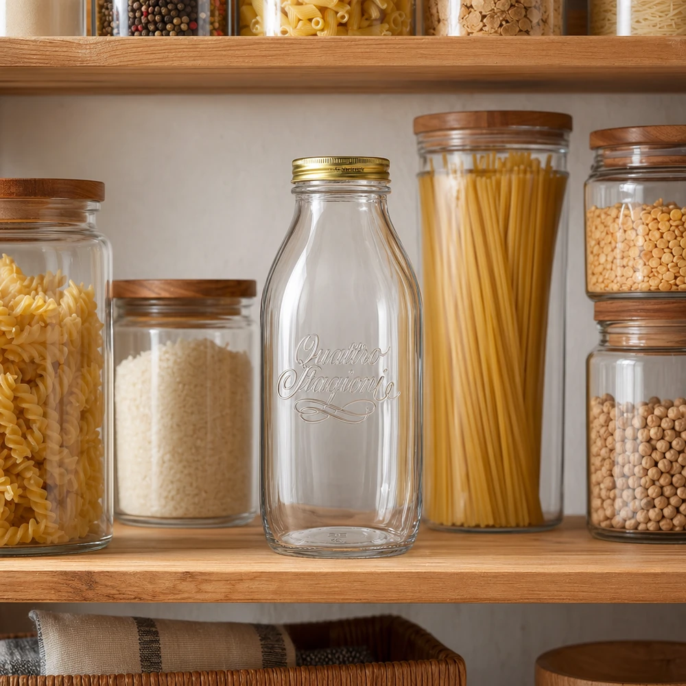 Quattro Stagioni 1000ml Glasflasche in organisierter Speisekammer mit Vorratsgläsern, Nudeln und Hülsenfrüchten