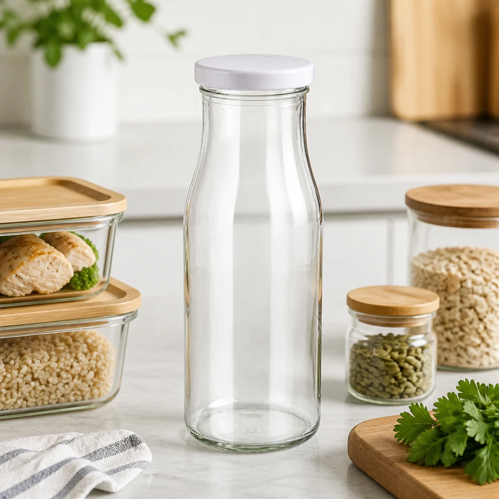Wiederverwendbare 150ml Glasflasche weißer Deckel UNiTWIST nachhaltige Küchenlösung