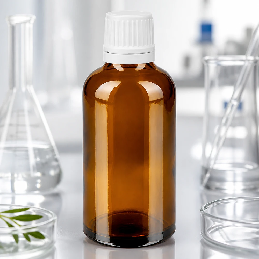 Pharmaglasflasche 50ml bernsteinfarben weißer Sicherheitsverschluss chemikalienbeständig