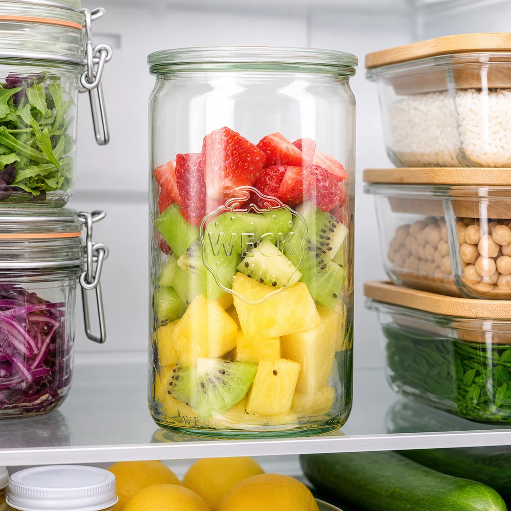 1590ml Zylinderglas mit Glasdeckel WECK RR100 WECK Zylinderglas 1590ml RR100 im Kühlschrank mit frischem Obstsalat Erdbeeren Kiwi Ananas zwischen anderen Vorratsgläse