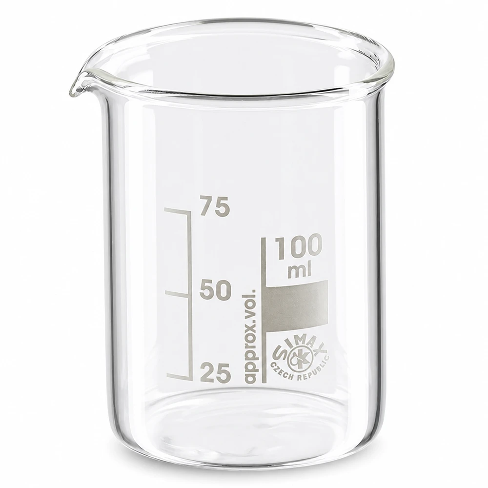 Becherglas 100ml Borosilikatglas, niedrige Form Laborglas 100ml niedrige Form aus temperaturbeständigem Borosilikatglas mit Skala bis 100ml