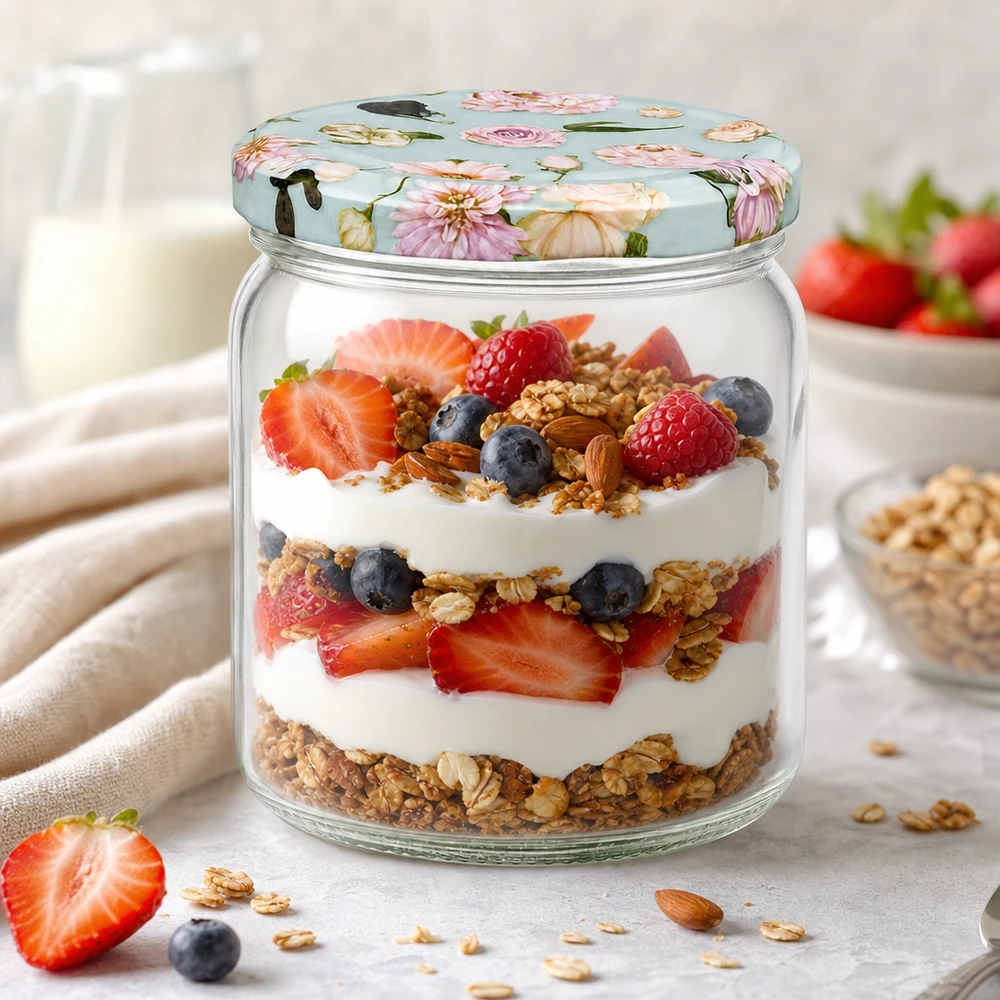 408ml Rundglas BasicSeal Deckel Blume mint gefüllt mit Joghurt Müsli Beeren Parfait Dessertglas Schichtdessert