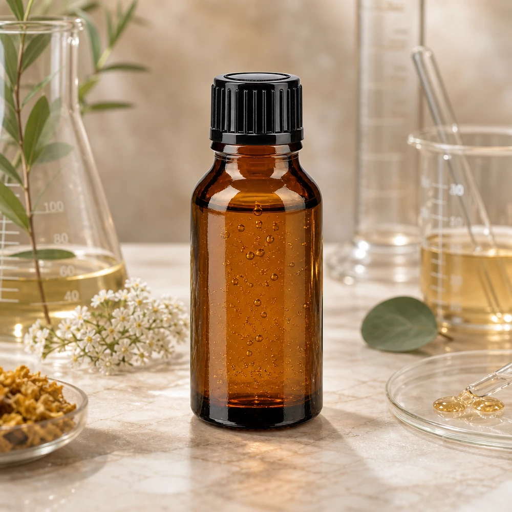 Apothekenflasche braun 15ml Schraubverschluss schwarz Standard Apothekerflasche 15ml UV-Schutz Braunglas mit Schraubverschluss und Naturkräutern im Hintergrund