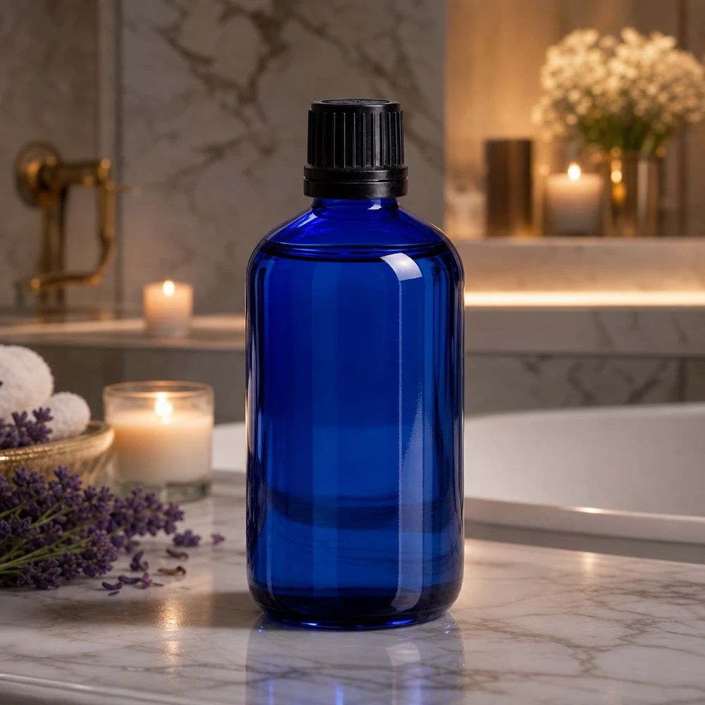 Apothekenflasche blau 100ml Schraubverschluss schwarz Giessring Originalitätsverschluss Zylindrische 100ml Apothekerflasche kobaltblau mit OV-Verschluss neben Entspannungskerzen