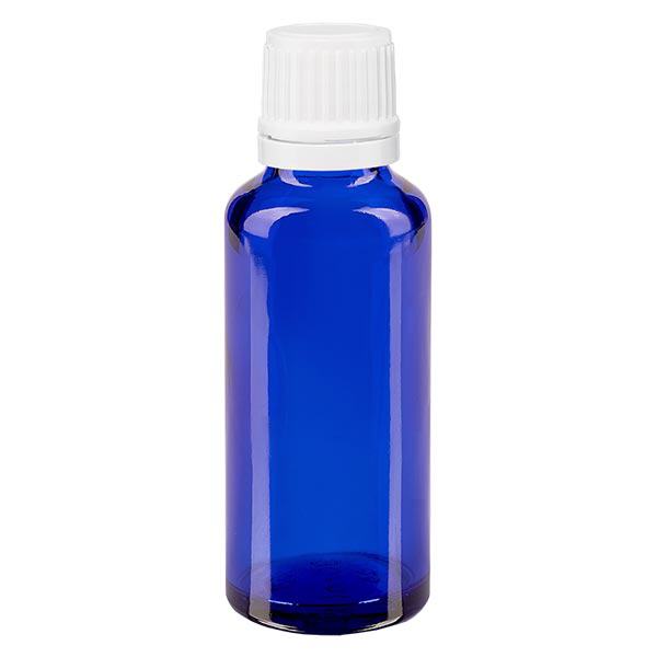 Apothekenflasche blau 30ml Tropfverschluss 1.2mm weiß Originalitätsverschluss Apothekenflasche blau 30ml Tropfverschluss 1.2mm weiß Originalitätsverschluss