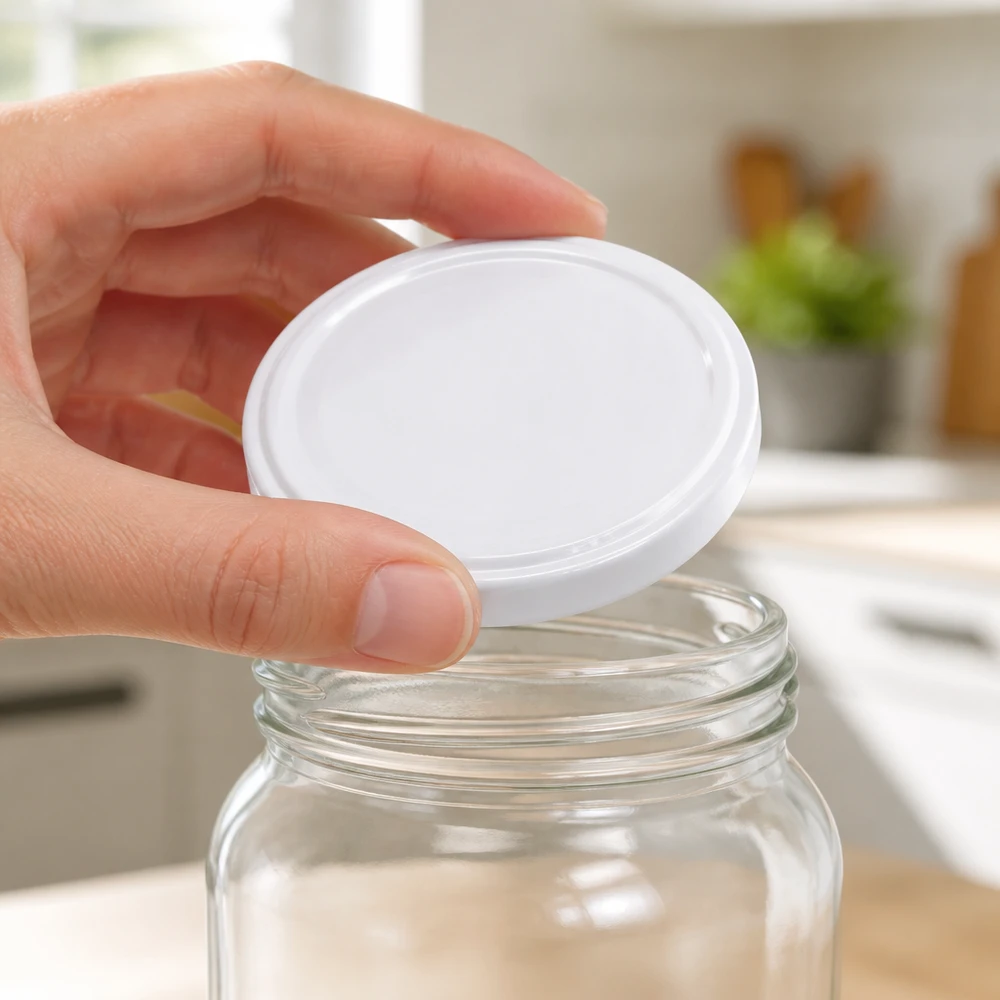 UNiTWIST Verschlussdeckel TO58 weiss BPA-NI unitemp wird auf Vorratsglas aufgebracht