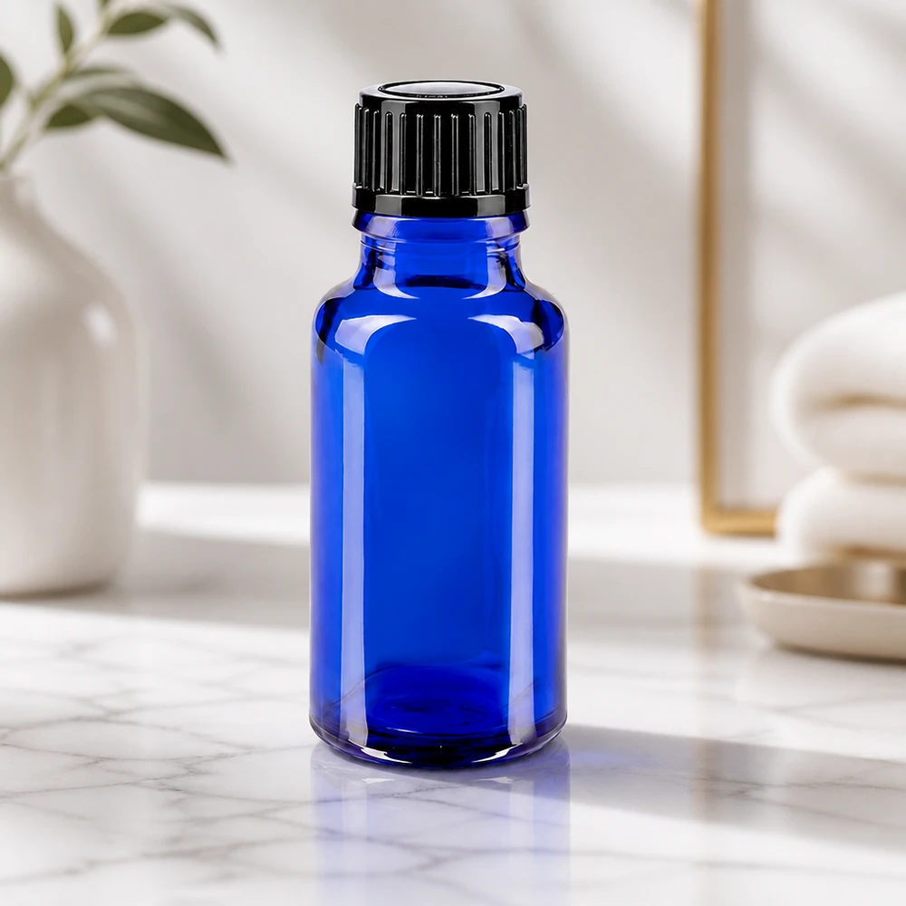 Apothekenflasche blau 20ml Tropfverschluss 1mm schwarz Standard Blaue Borosilikat-Tropfflasche 20ml mit präziser 1mm Öffnung und Schwarzdeckel