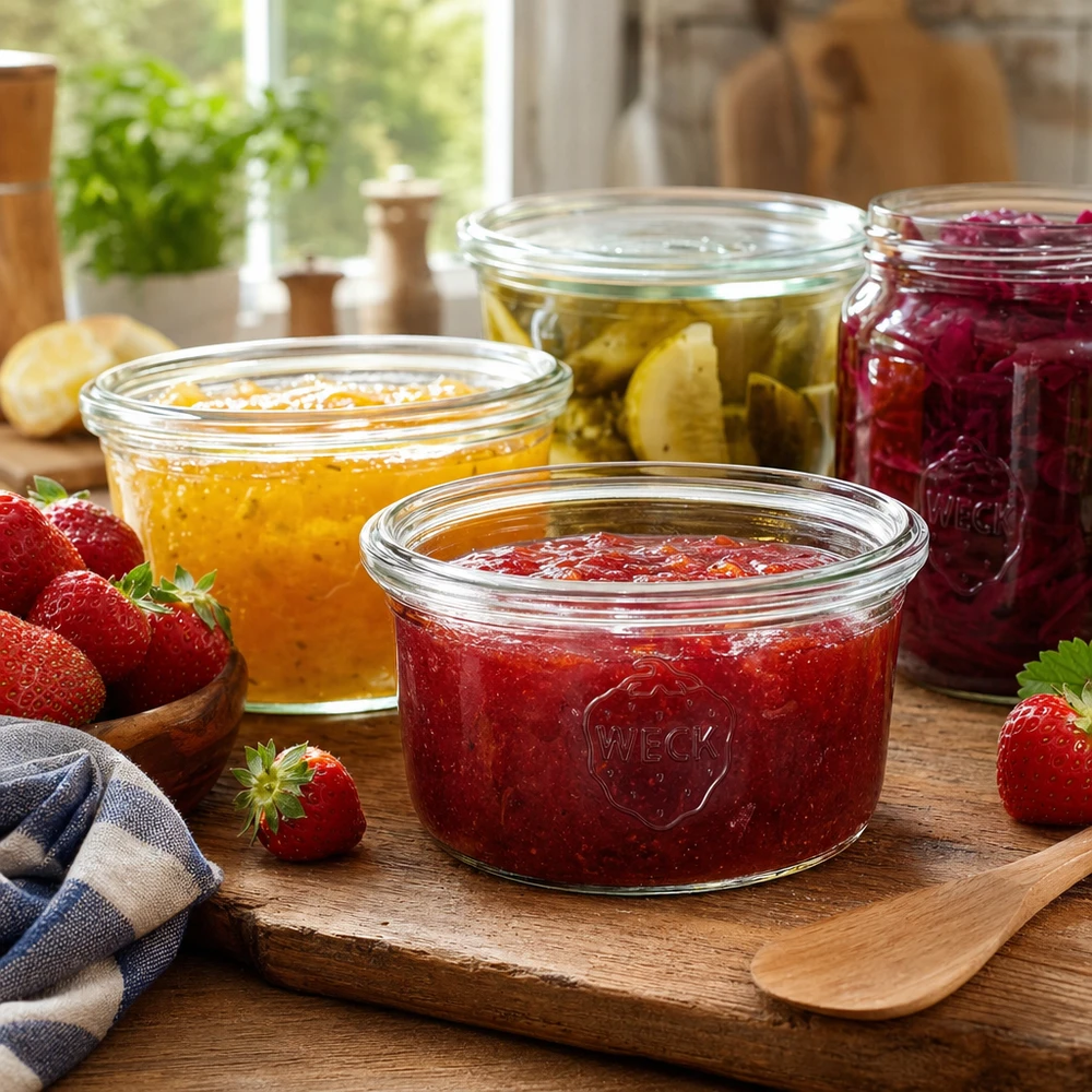 165ml Sturzglas WECK RR80 WECK 165ml Sturzglas RR80 mit Erdbeermarmelade auf Holzbrett neben anderen Einmachgläsern mit Konfitüre und frischen Erd