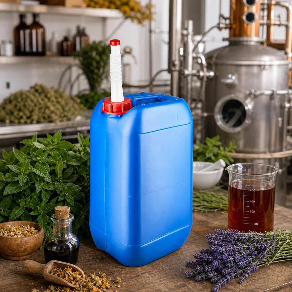 Stapelbarer Vorratsbehälter 15 Liter Blau mit Auslaufrohr im naturmedizinischen Produktionsbereich