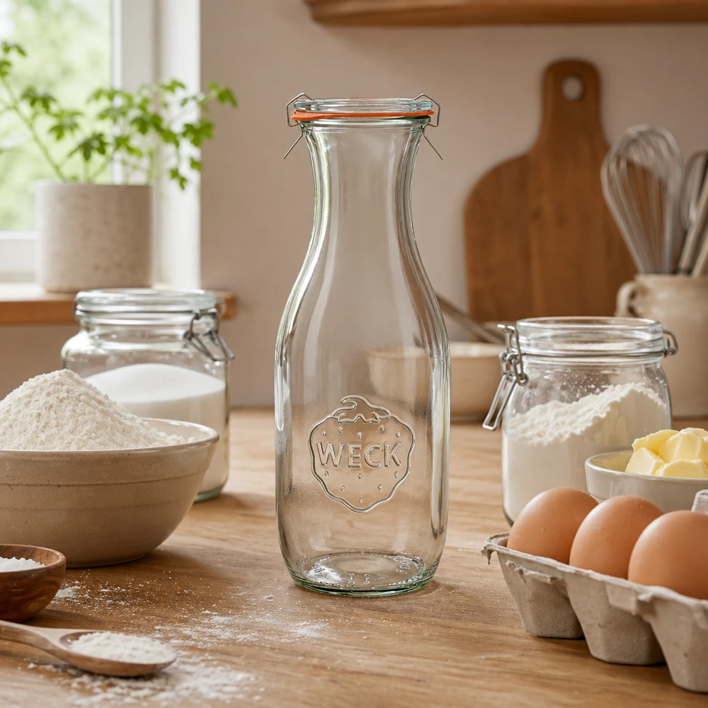 1062ml Saftflasche komplett WECK RR60 WECK Saftflasche 1062ml RR60 leer in rustikaler Küche mit Backzutaten Mehl Eiern und Küchenutensilien