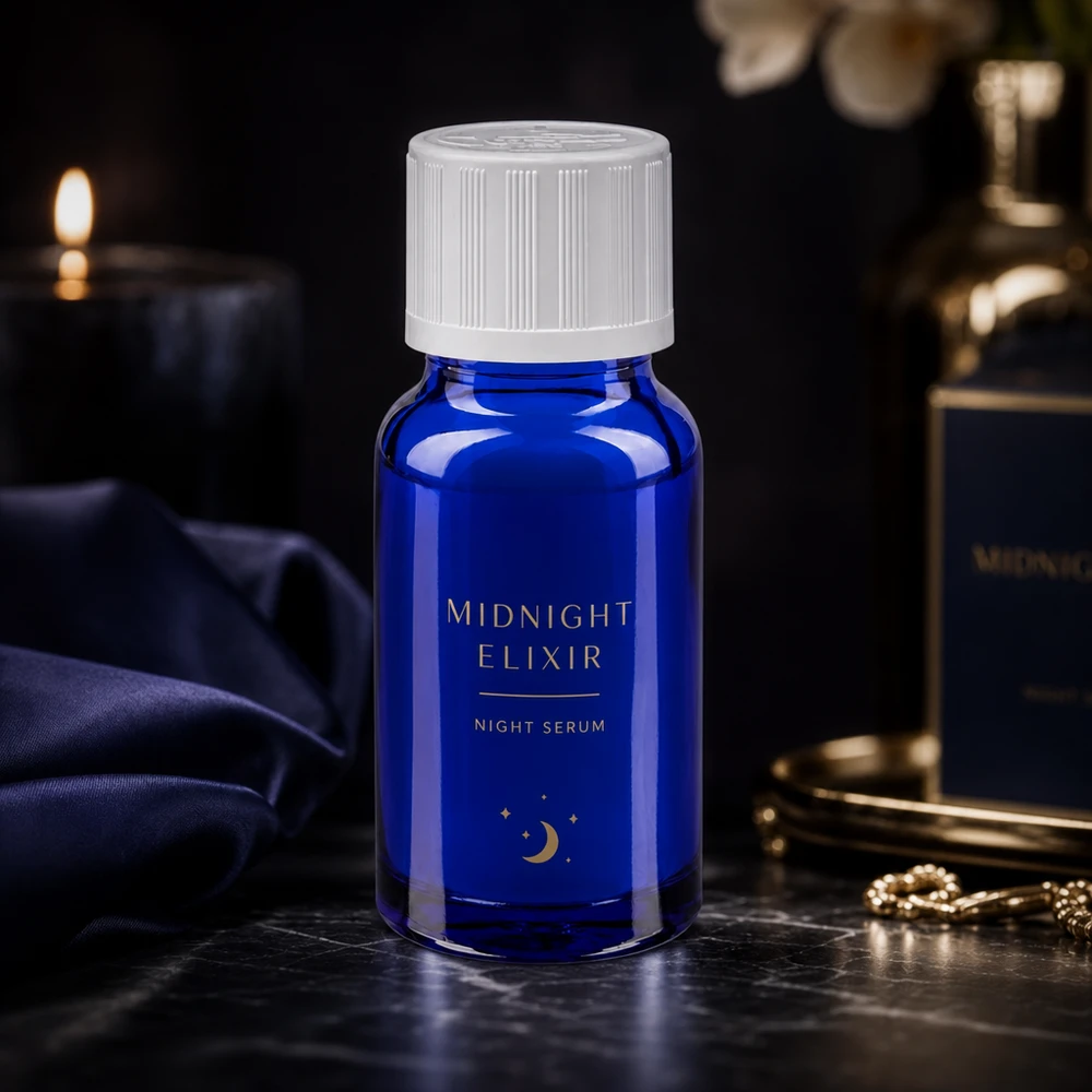 Kobaltblaues 10ml Apothekerglasfläschchen mit weißem Schraubverschluss und Mondmotiv-Etikett