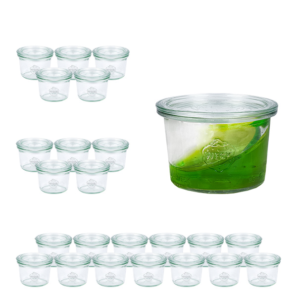 24er Set Weck Gläser 80ml Sturzgläser mit 24 Glasdeckeln 24er Set Weck Gläser 80ml Sturzgläser mit 24 Glasdeckeln