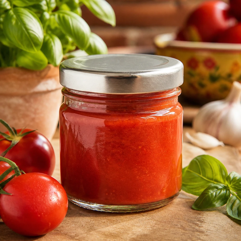 33ml Portionsglas mit BasicSeal Deckel silber für hausgemachte Tomaten-Basilikum-Sauce