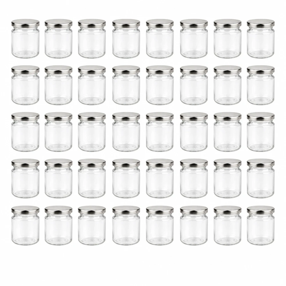 53 ml Rundglas 48er-Set mit Deckel (Deckelfarbe: silber) – UNiTWIST UNiTWIST Minigläser 48er Set rund 53ml Klarglas mit silbernem Deckel für Marmelade und Dips