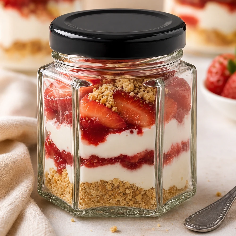 47ml Hexaglas mit schwarzem Deckel als Dessertglas mit Schichtdessert aus Erdbeeren, Sahne und Kekskrümeln