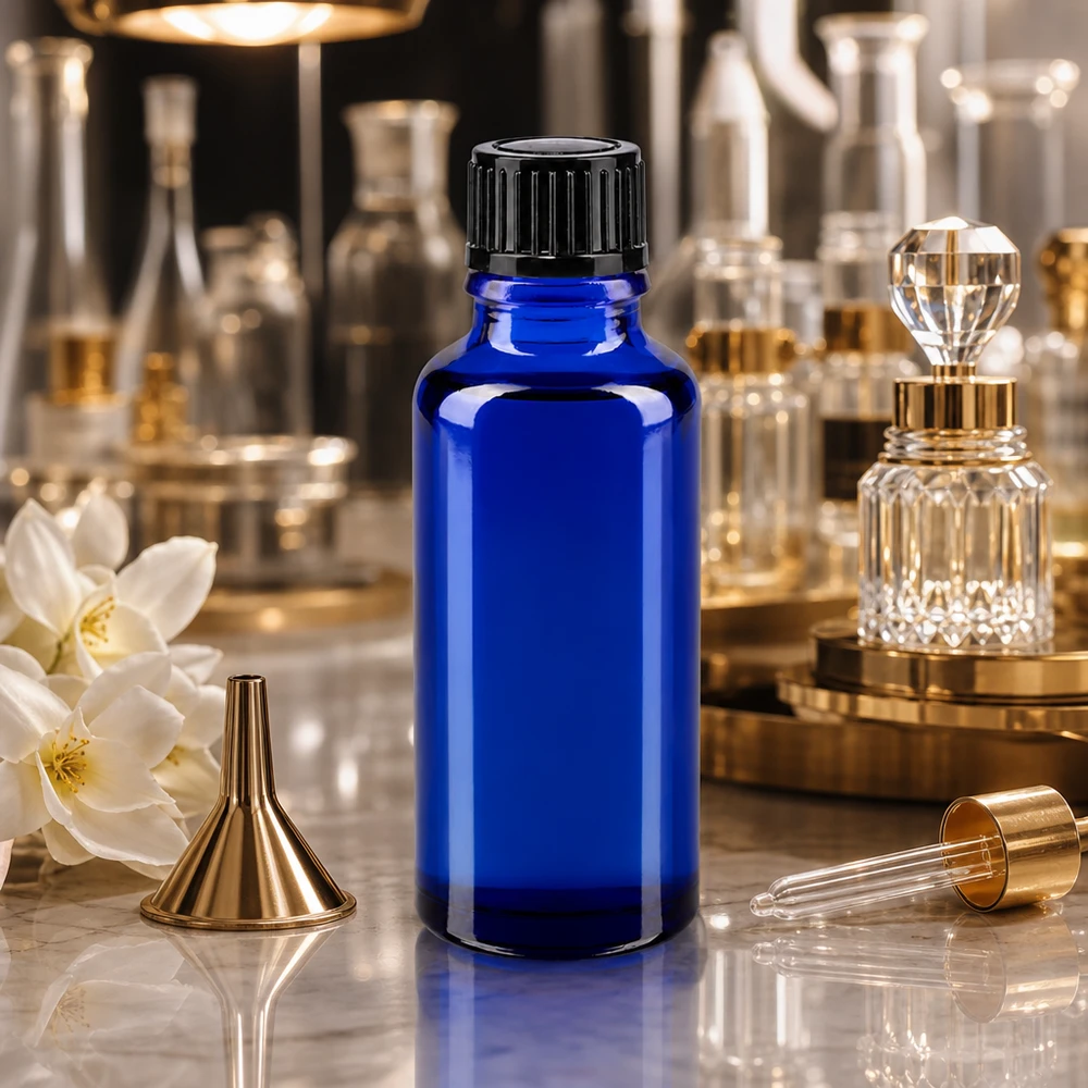 Apothekenflasche blau 30ml Tropfverschluss 1mm schwarz Standard Blaue 30ml Dosierflasche aus Apothekenglas mit weißen Jasminblüten und goldenen Flakonflaschen