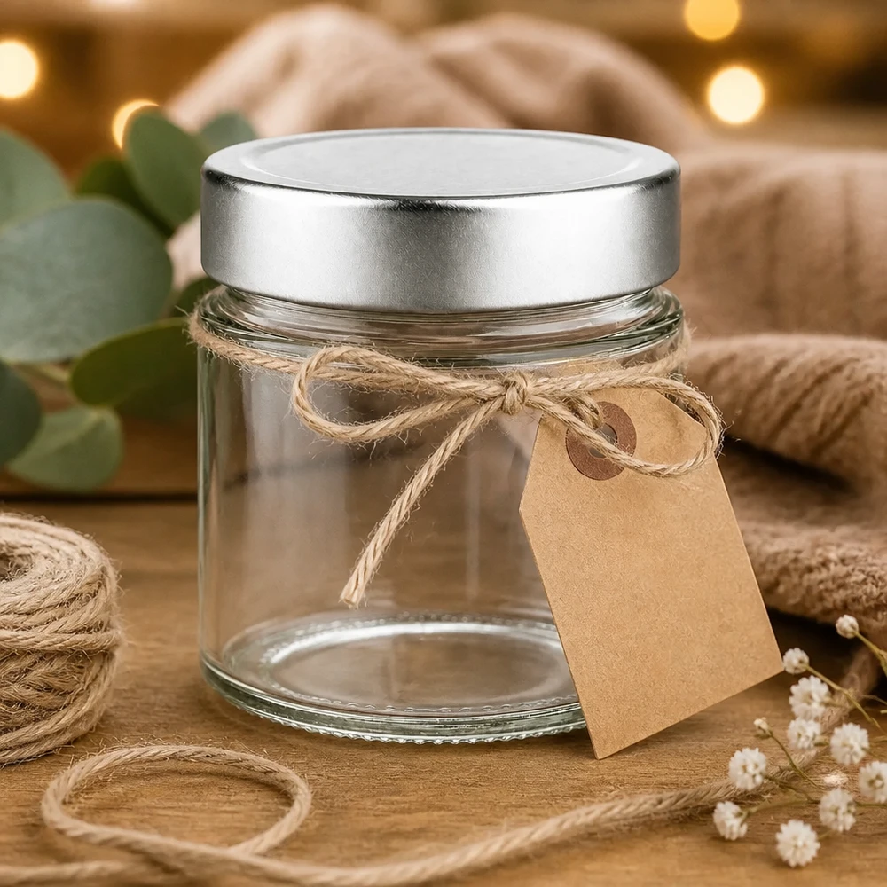 Transparentes 135ml Rundglas UNiTWIST mit Juteband gebunden neben Eukalyptus und Lichterkette