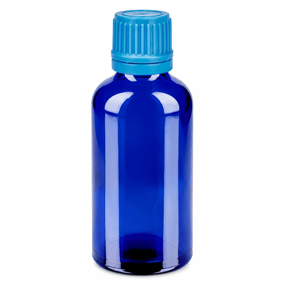 50ml Flasche 11mm Schraubverschluss blau Originalitätsverschluss BlueLine UT18/50 50ml Tropfflasche aus blauem Glas mit UV-Schutz und sicherem Schraubdeckel