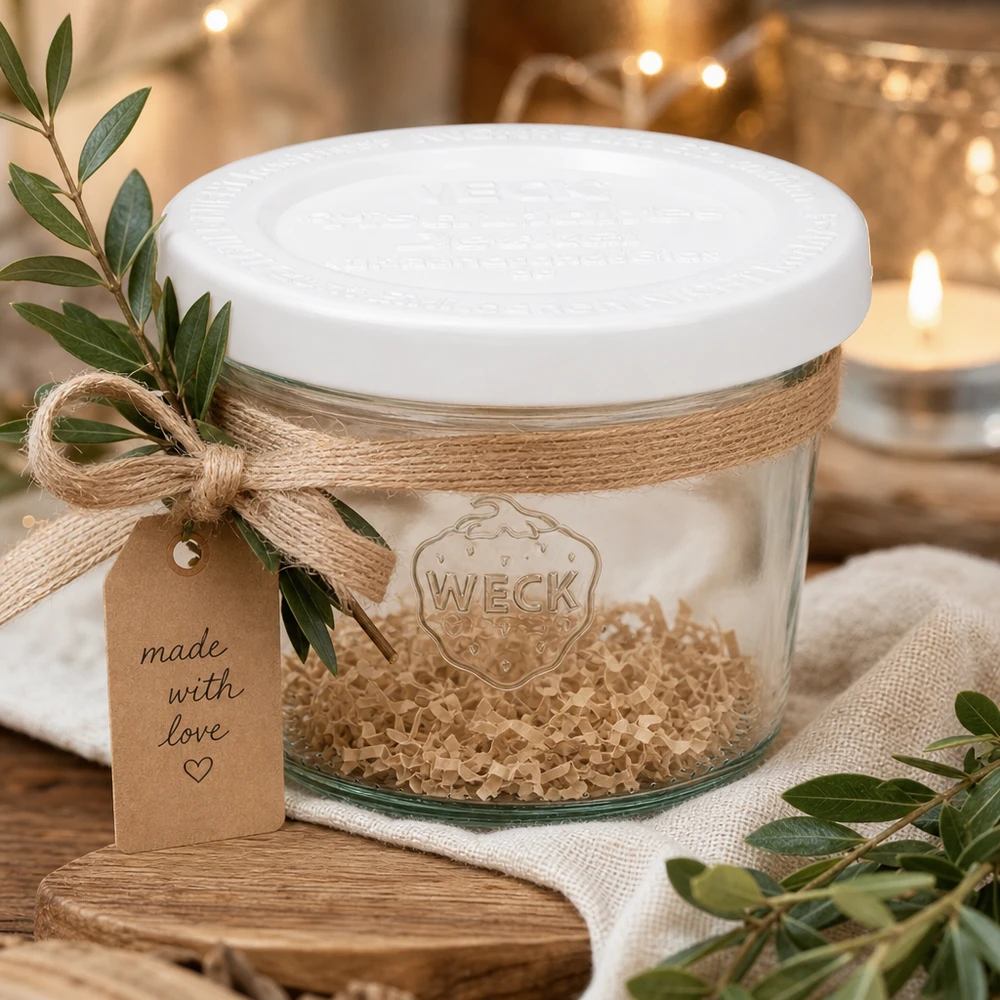 80ml Sturzglas mit Frischedeckel WECK RR60 WECK 80ml Sturzglas RR60 dekorativ arrangiert mit Juteschnur Geschenkanhänger und Olivenzweigen auf rustikalem Holz