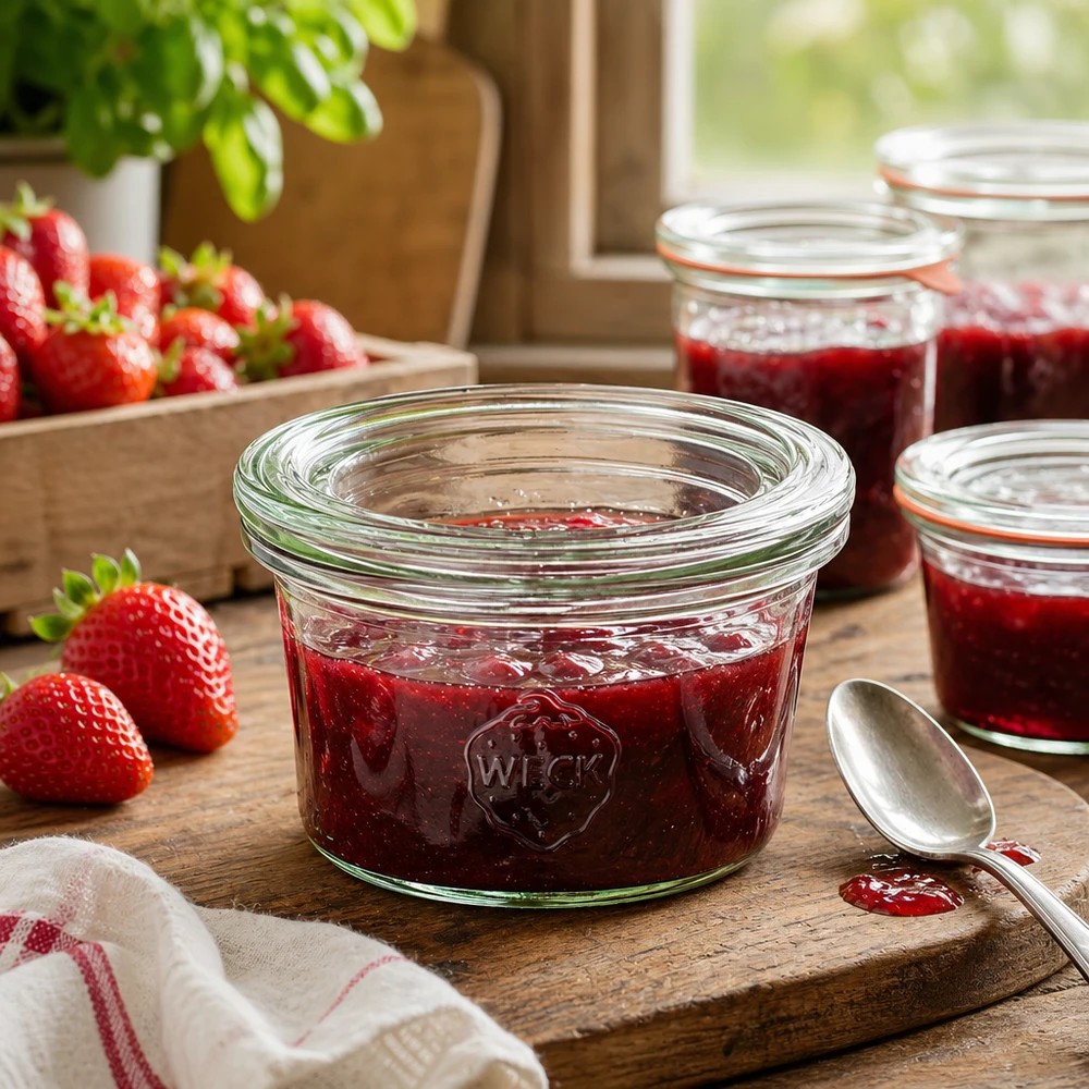 WECK Sturzglas 50ml gefüllt mit Erdbeermarmelade auf Holzbrett neben frischen Erdbeeren in rustikaler Küche