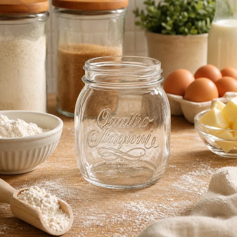 700ml Rundglas "Quattro Stagioni" QS86mm 700ml Quattro Stagioni Haushaltsglas leer auf Holztisch umgeben von Backzutaten Mehl Eiern und Butter in Küche