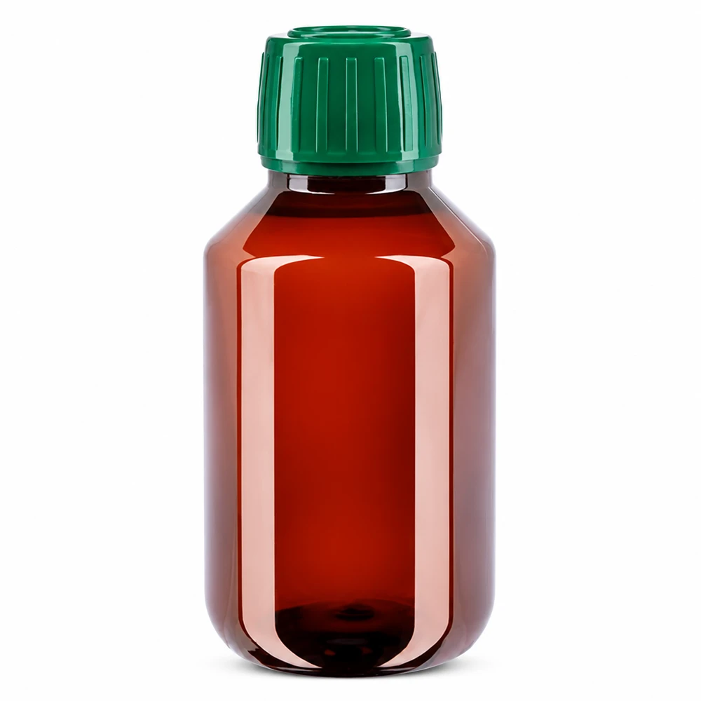 Apothekenflasche PET 100ml bernsteinfarben mit grünem manipulationssicherem Deckel