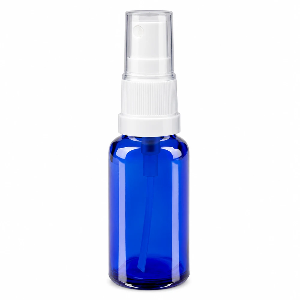 Apothekenflasche blau 20ml Sprayaufsatz weiß 20ml Lichtschutz-Sprayflasche blau ApoGlas mit weißem Sprühaufsatz und Steigrohr